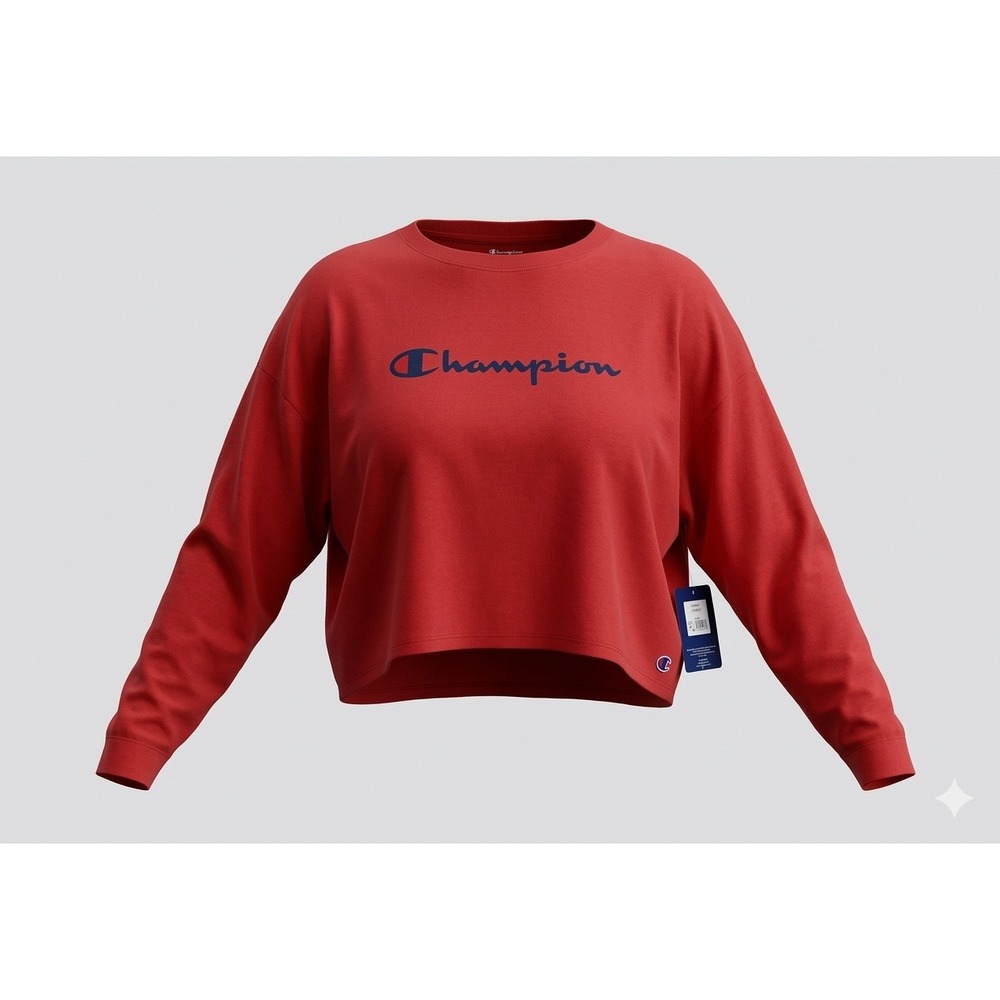 Champion Women's Red Crop Top Baggy Long-Sleeve Sleep T-Shirt. Size 2XL